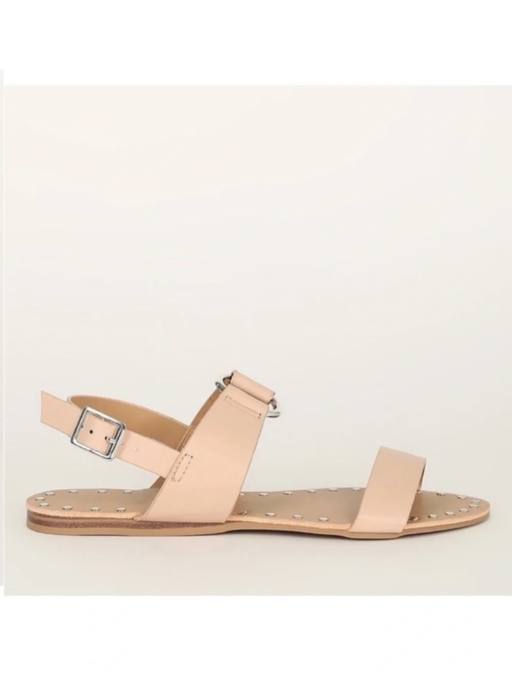 Nude leather studded metal ring accent slingback flat sandals